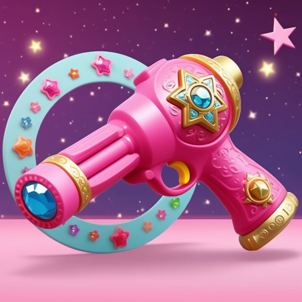 A photorealistic image of a child's toy grenade launcher, with the main body in a vibrant pink hue. The launcher is ornately decorated with glittering gemstones and adorned with moon-shaped motifs, adding a whimsical, magical touch to its design. The background features an intricately drawn six-pointed star magic circle, radiating an ethereal glow that complements the toy's fantastical elements. The overall composition captures the playful yet detailed essence of a fantasy-themed children's toy.,<lora:girl_toy_style:0.65>,