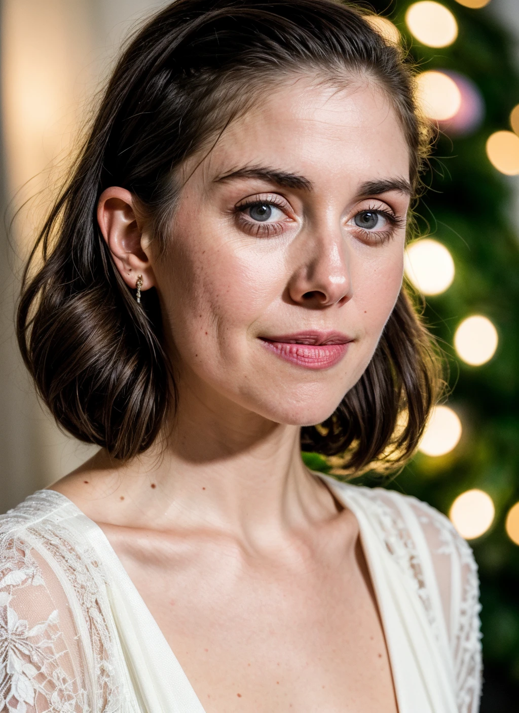 RAW photo of 20 years old alisonbrie-ti, natural lighting, 8k uhd, dslr, high quality, film grain, Fujifilm XT3, <lora:add_detail:0.7>, by Peter Lindbergh, christmas theme, young