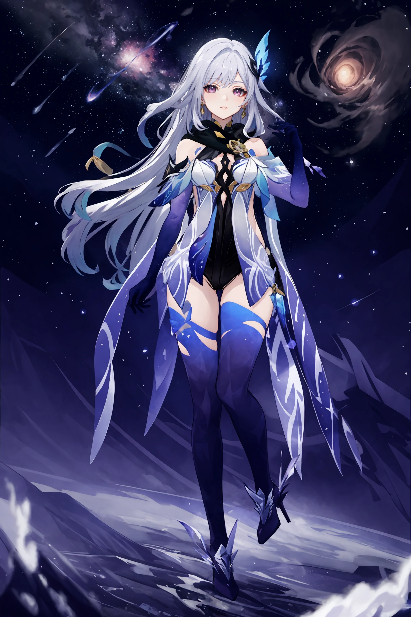 1girl, skirk \(genshin impact\), elbow gloves, earrings, cape, blue thighhighs, high heel boots, black scarf, butterfly hair ornament, armored leotard, full body, looking at viewer, floating, floating hair, depth of field, space, nebula, starry sky, earth \(planet\), masterpiece