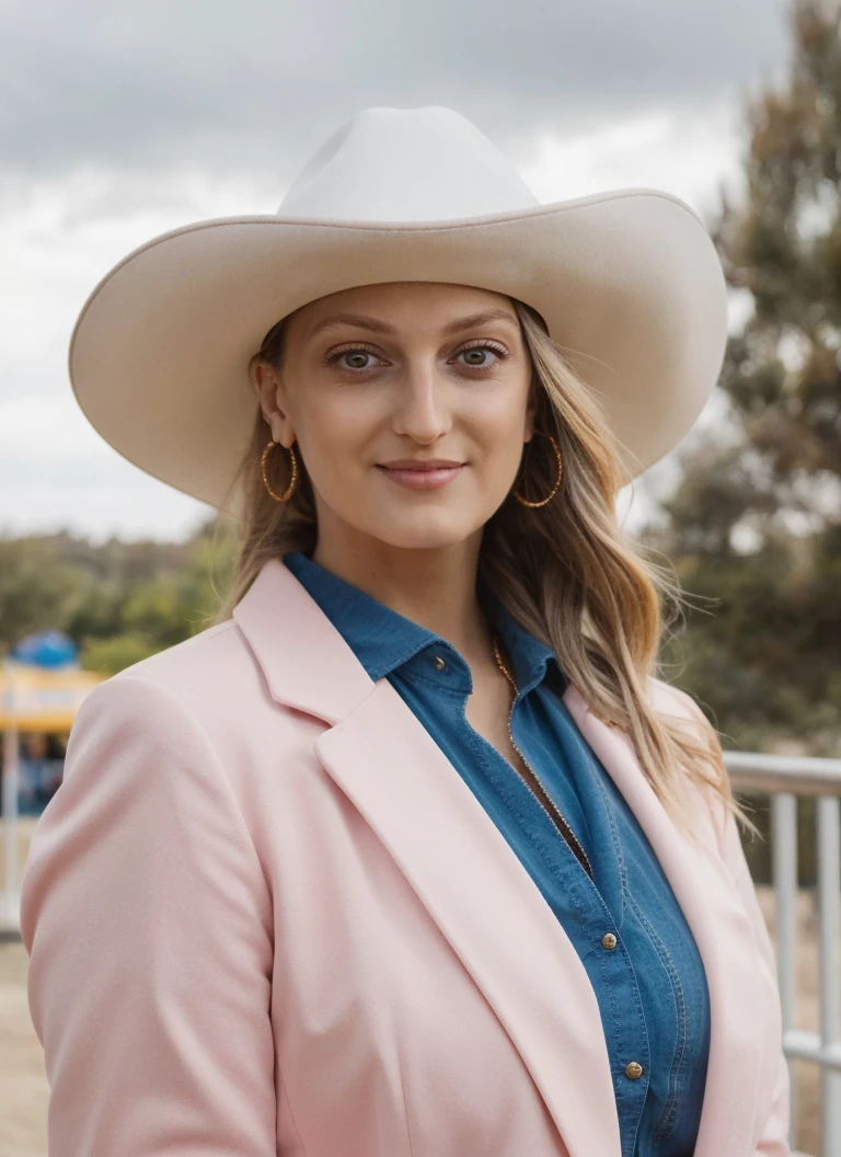 portrait of a woman in a pink suit and cowboy hat at an amusement park, sweet smile, detailed face, (high detailed skin:1.1) <lora:georgia_hirst_lora_v01:1> geehirst