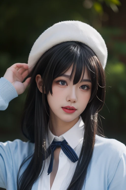 ltra-detailed,highly detailed,best quality,masterpiece,illustration,realistic,
yukinoshita yukino, 1girl, solo, hat, long hair, realistic, black hair, ribbon, upper body, neck ribbon, blue eyes, lips, shirt, bangs, looking at viewer, closed mouth, beret, blue ribbon, nose, white shirt, brown hair, long sleeves, white headwear, hand up, collared shirt, sidelocks, black eyes, blunt bangs, adjusting hair, faux traditional media, hand in own hair,
<lora:yukinoshita yukino_yhz_v1_02:0.7>