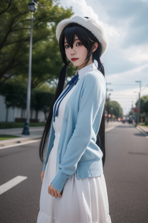 ltra-detailed,highly detailed,best quality,masterpiece,illustration,realistic,
yukinoshita yukino, 1girl, solo, cosplay,cowboy shot,
long hair, bangs,hair between eyes, twintails,ahoge, hair ribbon,
neck ribbon, short cardigan, collared dress,long dress, sleeves past wrists, hat,
looking at viewer, standing,
outdoors, photo background, street, sky, depth of field, building, cloud, lamppost, day, cloudy sky, tree,
<lora:yukinoshita yukino_yhz_v1_02:0.7>