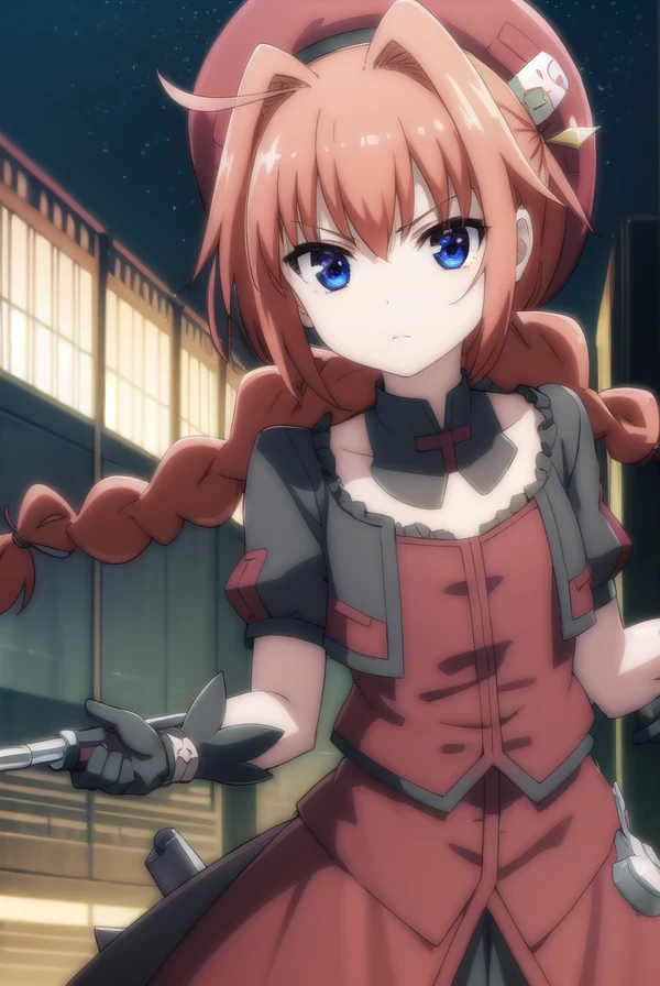 magicalgirlvita, <lora:vita movie2-lora-nochekaiser:1>,
vita, blue eyes, braid, ahoge, red hair, twin braids, rabbit hair ornament,
BREAK gloves, hat, dress, weapon, open clothes, open jacket, magical girl, red dress, cropped jacket, hammer,
BREAK outdoors, city, sky, night, starry sky, star \(sky\), moon,
BREAK looking at viewer, (cowboy shot:1.5),
BREAK <lyco:GoodHands-beta2:1>, (masterpiece:1.2), best quality, high resolution, unity 8k wallpaper, (illustration:0.8), (beautiful detailed eyes:1.6), extremely detailed face, perfect lighting, extremely detailed CG, (perfect hands, perfect anatomy),