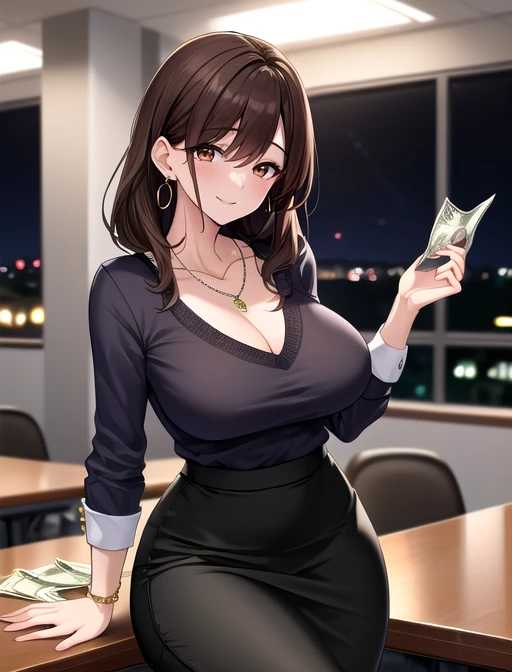 best quality, masterpiece, highres, detailed, digital artwork, <lora:Detail - add_detail:0.2>, RichLCh, <lyco:RichLCh:0.8>, jewelry, earrings, necklace, pencil skirt, evil smile, office, BREAK ChihoNTR, brown hair, brown eyes, crazy, night, money on table, rich, <lora:Character - ChihoNTR:0.6>