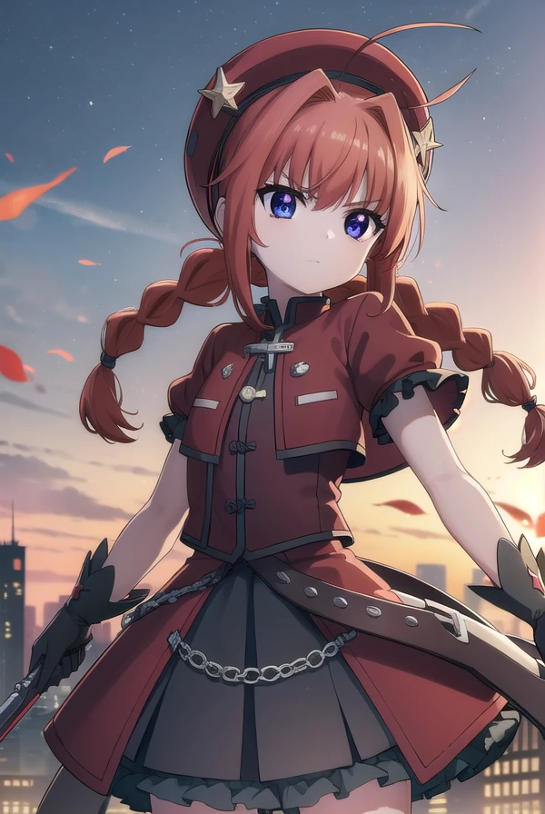 magicalgirlvita, <lora:vita movie2-lora-nochekaiser:1>,
vita, blue eyes, braid, ahoge, red hair, twin braids, rabbit hair ornament,
BREAK gloves, hat, dress, weapon, open clothes, open jacket, magical girl, red dress, cropped jacket, hammer,
BREAK outdoors, city, sky, night, starry sky, star \(sky\), moon,
BREAK looking at viewer, (cowboy shot:1.5),
BREAK <lyco:GoodHands-beta2:1>, (masterpiece:1.2), best quality, high resolution, unity 8k wallpaper, (illustration:0.8), (beautiful detailed eyes:1.6), extremely detailed face, perfect lighting, extremely detailed CG, (perfect hands, perfect anatomy),