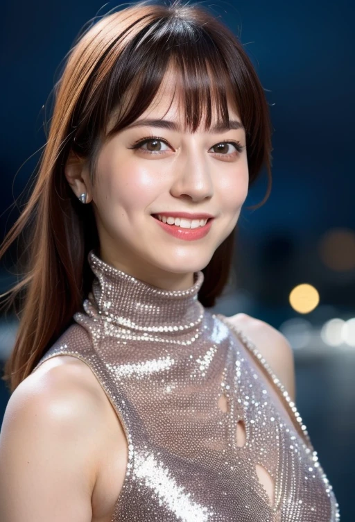 1girl,(wearing a turtleneck glittery evening dress:1.2),(RAW photo, best quality), (realistic, photo-realistic:1.4), masterpiece, an extremely delicate and beautiful, extremely detailed, 2k wallpaper, Amazing, finely detail, extremely detailed CG unity 8k wallpaper, ultra-detailed, highres, soft light, beautiful detailed girl, extremely detailed eyes and face, beautiful detailed nose, beautiful detailed eyes,cinematic lighting,city lights at night,perfect anatomy,slender body,smile <lora:sugimotoyumi_lora:0.8>close up