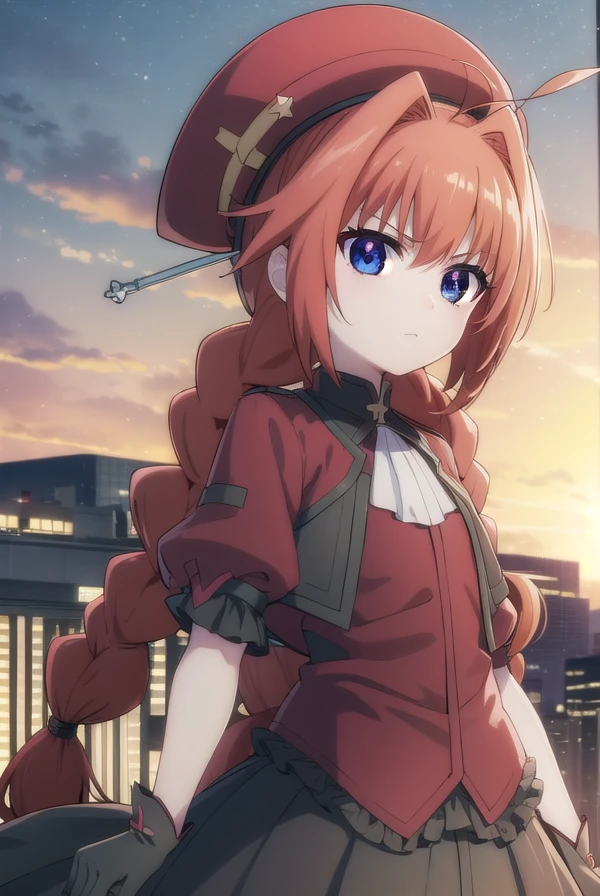 magicalgirlvita, <lora:vita movie2-lora-nochekaiser:1>,
vita, blue eyes, braid, ahoge, red hair, twin braids, rabbit hair ornament,
BREAK gloves, hat, dress, weapon, open clothes, open jacket, magical girl, red dress, cropped jacket, hammer,
BREAK outdoors, city, sky, night, starry sky, star \(sky\), moon,
BREAK looking at viewer, (cowboy shot:1.5),
BREAK <lyco:GoodHands-beta2:1>, (masterpiece:1.2), best quality, high resolution, unity 8k wallpaper, (illustration:0.8), (beautiful detailed eyes:1.6), extremely detailed face, perfect lighting, extremely detailed CG, (perfect hands, perfect anatomy),
