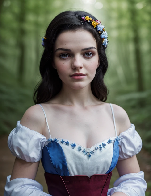 r4chsn0 photo of (r4chsn0) Snow white Disney, girl, RAW, nature, Enchanted forest, close portrait photo, Spectacular light, (Colorful flowering), 8k, soft lighting, high quality, film grain, Olympus OM1 sharp focus, f 3.4, ((detailed eyes)), (seductive pose), upper body, breast, ((Snow white Disney))