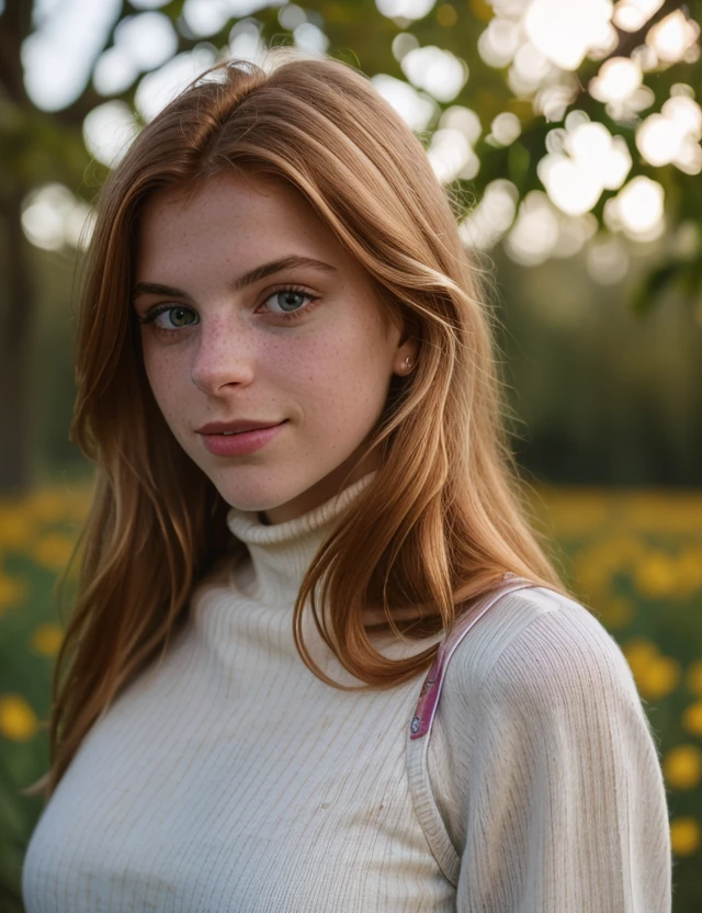 photo of (l9cillm4) girl, RAW, close portrait photo ,nature, Spectacular light, intricate color Turtleneck, (Colorful flowering), 8k, soft lighting, high quality, film grain, Olympus OM1 sharp focus, f 3.4, ((detailed eyes)), (seductive pose), upper body, breast, smile