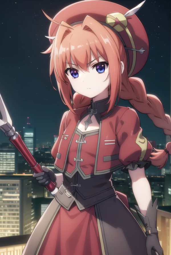 magicalgirlvita, <lora:vita movie2-lora-nochekaiser:1>,
vita, blue eyes, braid, ahoge, red hair, twin braids, rabbit hair ornament,
BREAK gloves, hat, dress, weapon, open clothes, open jacket, magical girl, red dress, cropped jacket, hammer,
BREAK outdoors, city, sky, night, starry sky, star \(sky\), moon,
BREAK looking at viewer, (cowboy shot:1.5),
BREAK <lyco:GoodHands-beta2:1>, (masterpiece:1.2), best quality, high resolution, unity 8k wallpaper, (illustration:0.8), (beautiful detailed eyes:1.6), extremely detailed face, perfect lighting, extremely detailed CG, (perfect hands, perfect anatomy),