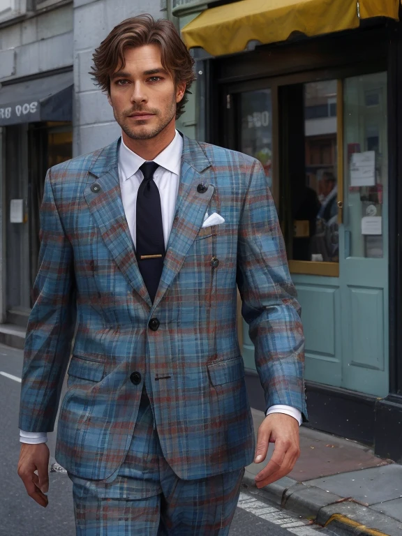 a man wearing a p41sley_pl41d suit walking down the street <lora:p41sley_pl41d_v1:1>