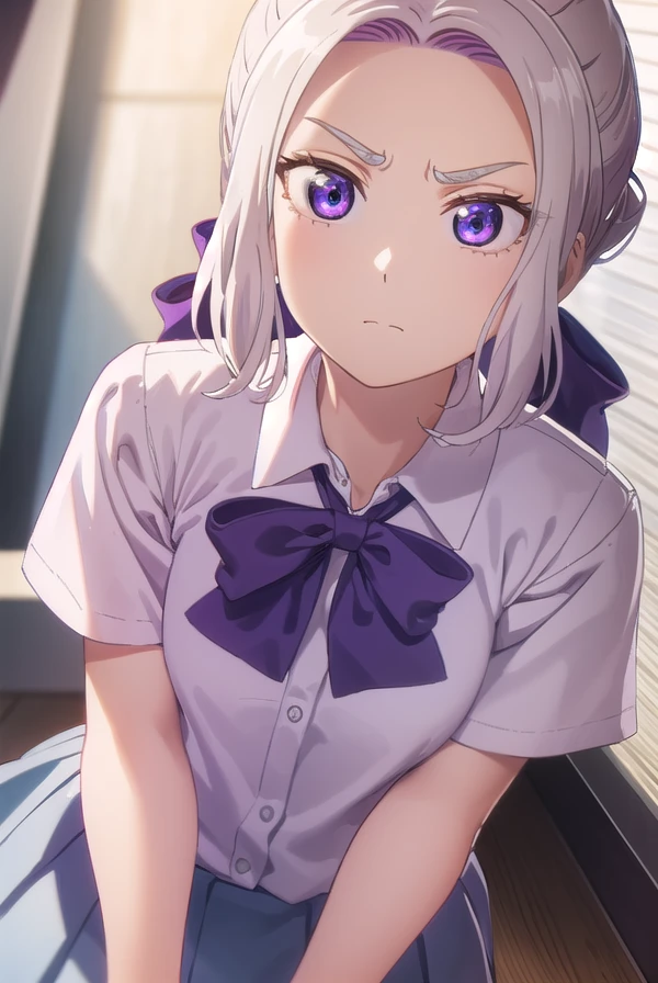 shinokiryuu, <lora:shino kiryuu s2-lora-nochekaiser:1>,
shino kiryuu, (purple eyes:1.1), white hair, hair bow, purple ribbon, frown, angry, (flat chest:1.2),
BREAK skirt, shirt, bow, school uniform, white shirt, short sleeves, pleated skirt, bowtie, blue skirt,
BREAK indoors, classroom,
BREAK looking at viewer, (cowboy shot:1.5),
BREAK <lyco:GoodHands-beta2:1>, (masterpiece:1.2), best quality, high resolution, unity 8k wallpaper, (illustration:0.8), (beautiful detailed eyes:1.6), extremely detailed face, perfect lighting, extremely detailed CG, (perfect hands, perfect anatomy),