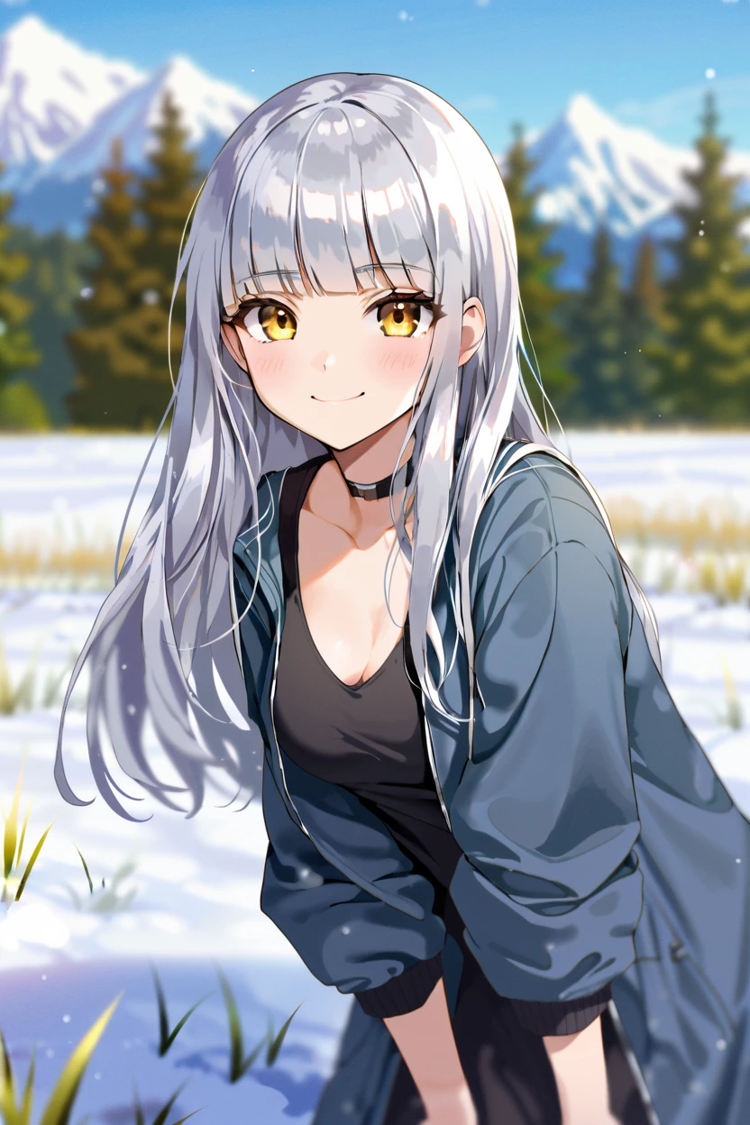 solo,
long hair, wavy hair, silver hair, blunt bangs, yellow eyes, medium breasts, jacket, choker, smile, black t-shirt, arms behind back, leaning forward, oversized clothes,
portrait, snow, field, depth of field,
masterpiece, best quality,