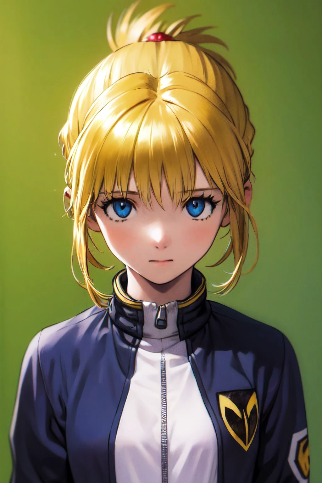 portrait, solo, 1girl,, small breasts, yellow hair, hair pulled back, blue eyes, beautiful detailed face, ultra detailed eyes, dark green letterman jacket, backlighting, Genista \(flower\), floral background <lora:Sadamoto_Yoshiyuki_style_v01:1>