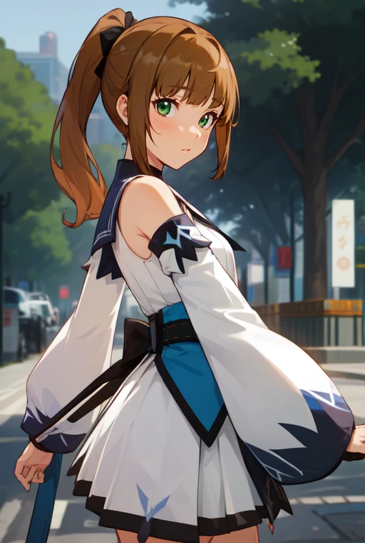 (masterpiece, best quality),(depth) of (field), <lora:Ellin_GenshinImpactNPC:0.8> green_eyes, brown_hair, detached_sleeves, blunt_bangs, pony_tail, adult