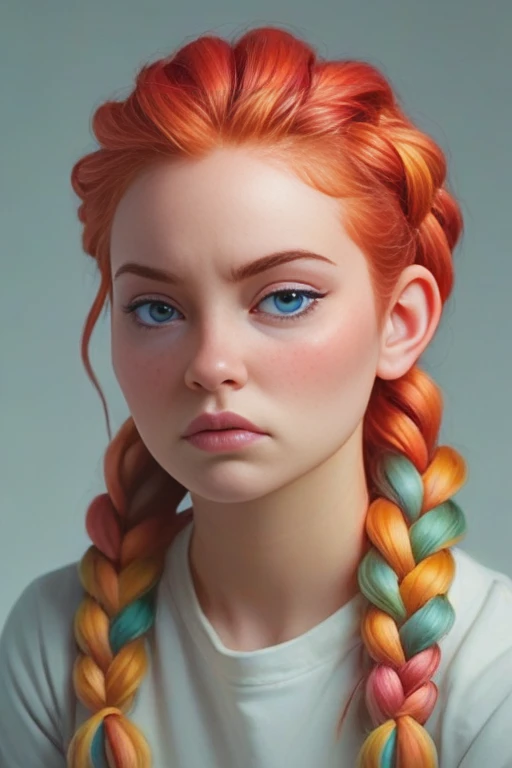 hyper realistic portrait painting of a sleepy beautiful woman  with multicolored hair hair and french braid  by Irakli Nadar <lora:Irakli_Nadar_Style_XL>