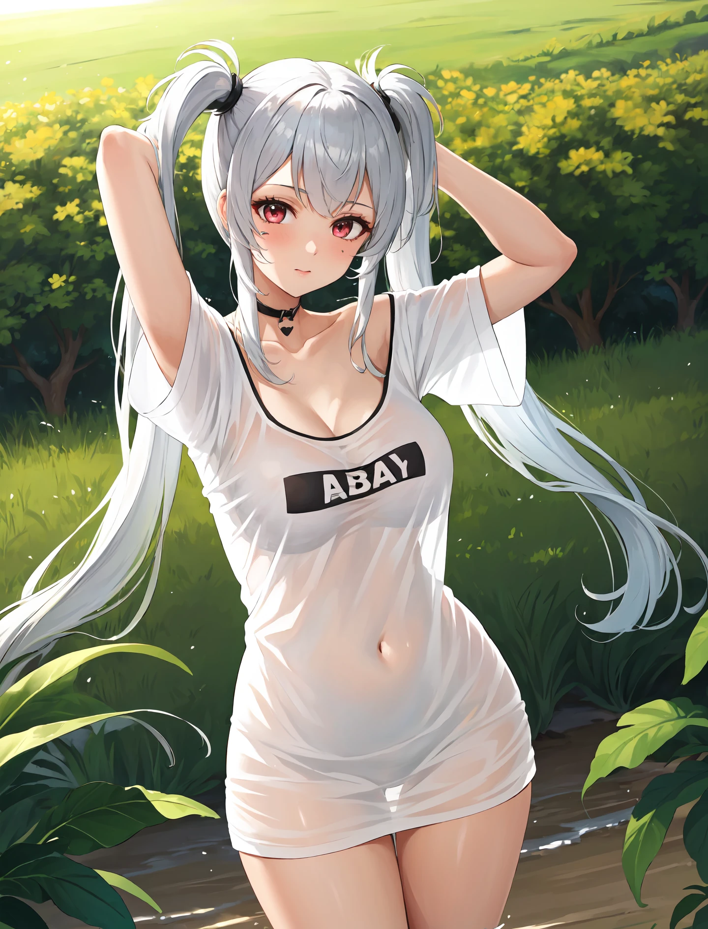masterpiece, best quality, outdoors, field, grass, forest,
alabamadef, 1girl, solo, looking at viewer, cowboy shot, shirt, silver hair, white shirt, collarbone, short sleeves, very long hair, twintails, t-shirt, off shoulder, oversized shirt, naked shirt, oversized clothes, see-through silhouette, hands behind head, see-through shirt, large breasts,
<lora:Concept_Oversized:1>, <lora:Alabama_LoRA:0.75>