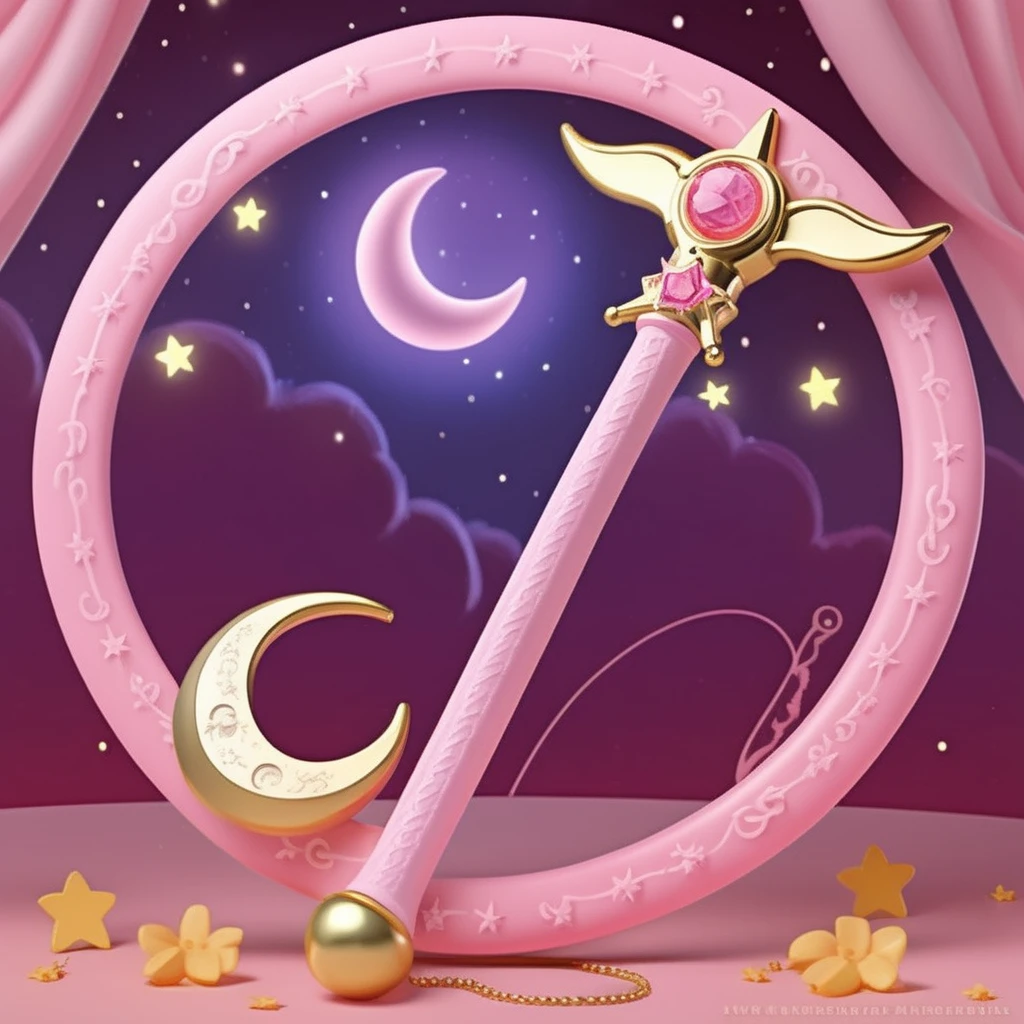 A photorealistic image of a child's toy scythe, with the main body in soft pink hues. The scythe is adorned with sparkling gems and crescent moon motifs, adding a whimsical yet magical touch. In the background, a six-pointed star magic circle is intricately designed, complementing the toy scythe's enchanting theme. The entire scene captures the essence of a fantasy world, with the toy scythe appearing both playful and mystical, set against the detailed and glowing magic circle.,<lora:girl_toy_style:0.65>,