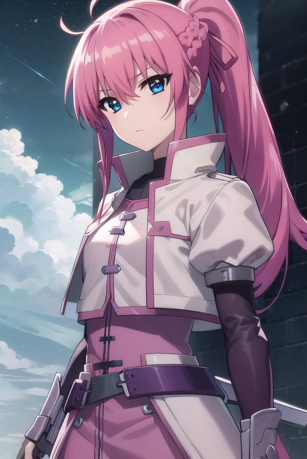 signum, <lora:signum movie2-lora-nochekaiser:1>,
signum, long hair, blue eyes, hair ribbon, ponytail, pink hair,
BREAK gloves, jacket, weapon, open clothes, sword, open jacket, magical girl, gauntlets, cropped jacket, waist cape, puffy sleeves,
BREAK outdoors, city, sky, night, starry sky, star \(sky\), moon,
BREAK looking at viewer, (cowboy shot:1.5),
BREAK <lyco:GoodHands-beta2:1>, (masterpiece:1.2), best quality, high resolution, unity 8k wallpaper, (illustration:0.8), (beautiful detailed eyes:1.6), extremely detailed face, perfect lighting, extremely detailed CG, (perfect hands, perfect anatomy),