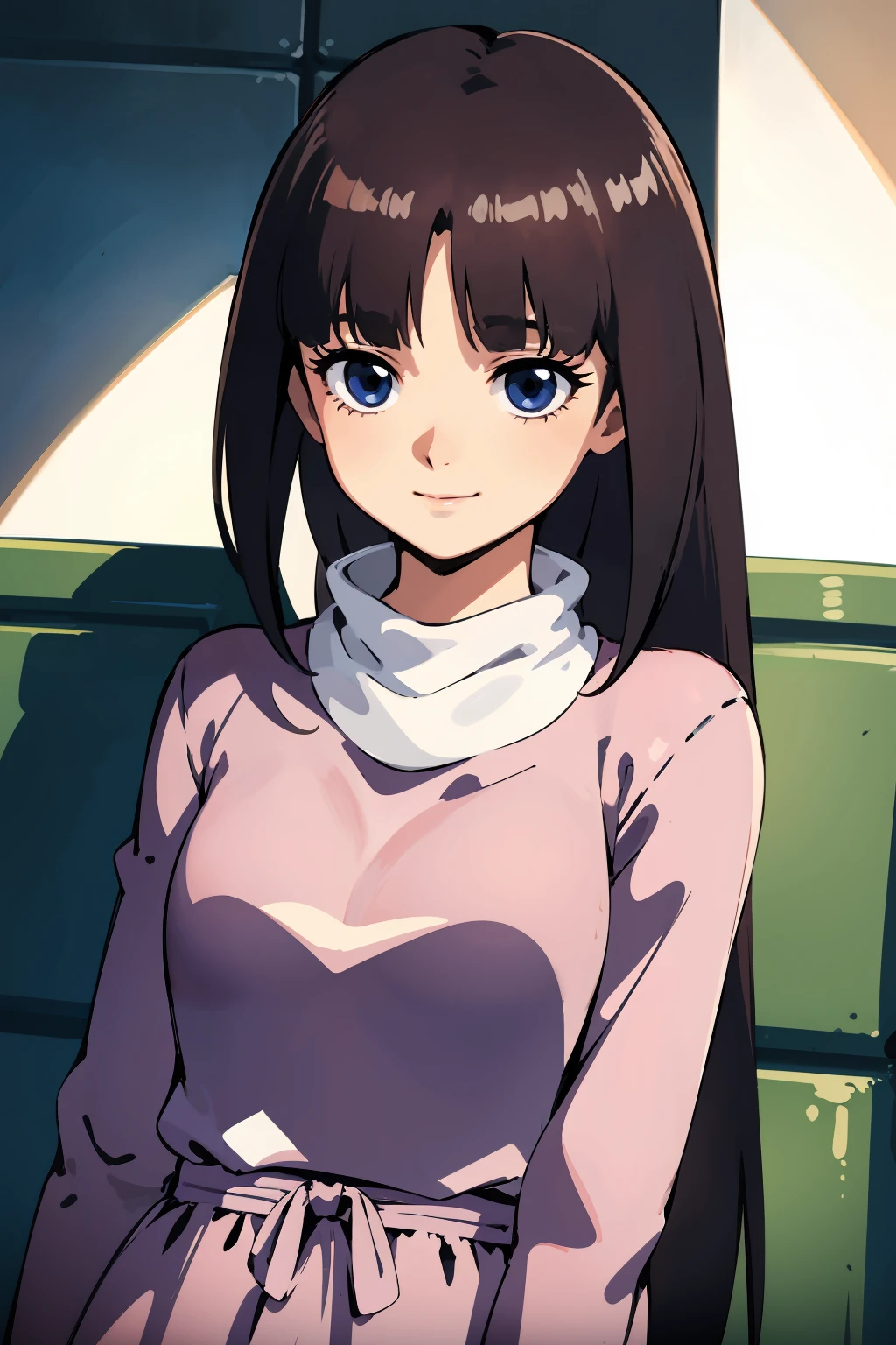 masterpiece,high quality,highres,1girl,solo,<lora:tifa-gundamx-v2-wasabiya:1>,tifax,brown hair,blue eyes,long hair,smile,turtleneck,pink dress,