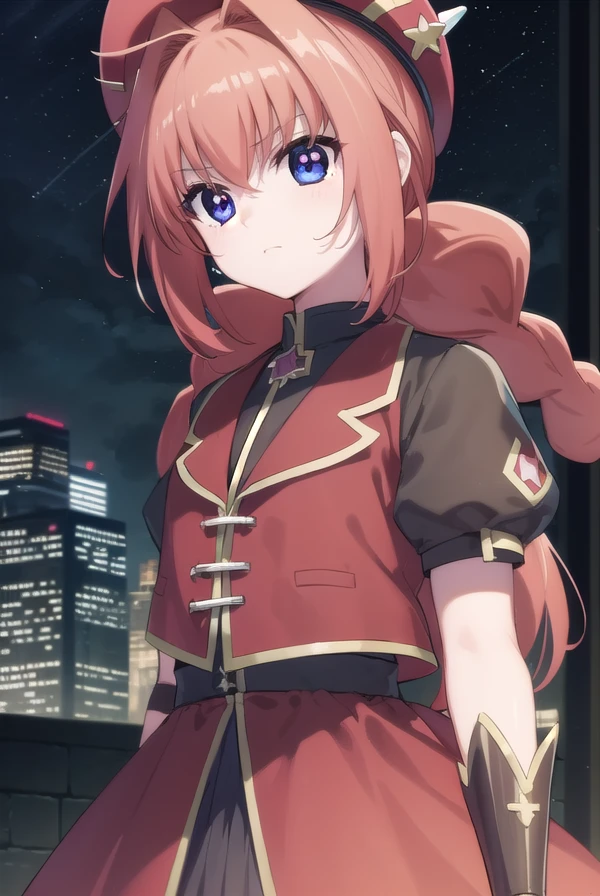 magicalgirlvita, <lora:vita movie2-lora-nochekaiser:1>,
vita, blue eyes, braid, ahoge, red hair, twin braids, rabbit hair ornament,
BREAK gloves, hat, dress, weapon, open clothes, open jacket, magical girl, red dress, cropped jacket, hammer,
BREAK outdoors, city, sky, night, starry sky, star \(sky\), moon,
BREAK looking at viewer, (cowboy shot:1.5),
BREAK <lyco:GoodHands-beta2:1>, (masterpiece:1.2), best quality, high resolution, unity 8k wallpaper, (illustration:0.8), (beautiful detailed eyes:1.6), extremely detailed face, perfect lighting, extremely detailed CG, (perfect hands, perfect anatomy),