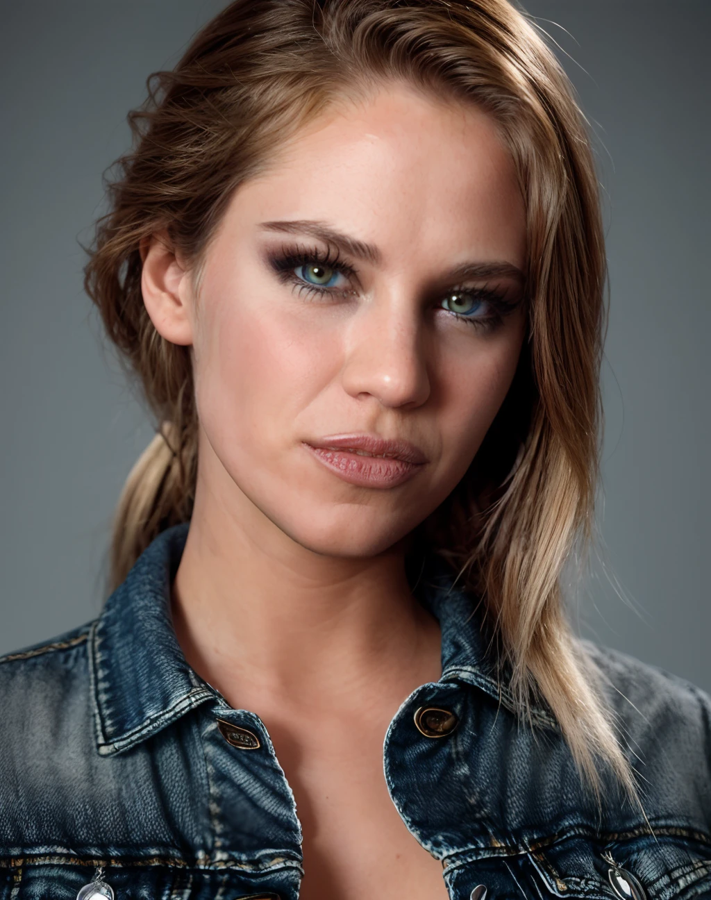 cinematic photo <lora:quiron_CassandraWilde_v18_lora:0.57> CassandraWildeQuiron woman, beautiful and aesthetic, (best quality), (masterpiece), (detailed), vibrant, highly detailed, Denim jacket, . 35mm photograph, film, bokeh, professional, 4k, highly detailed, skin pores, perfect iris, perfect eyes, serious, portrait, linkedin, grey background,
