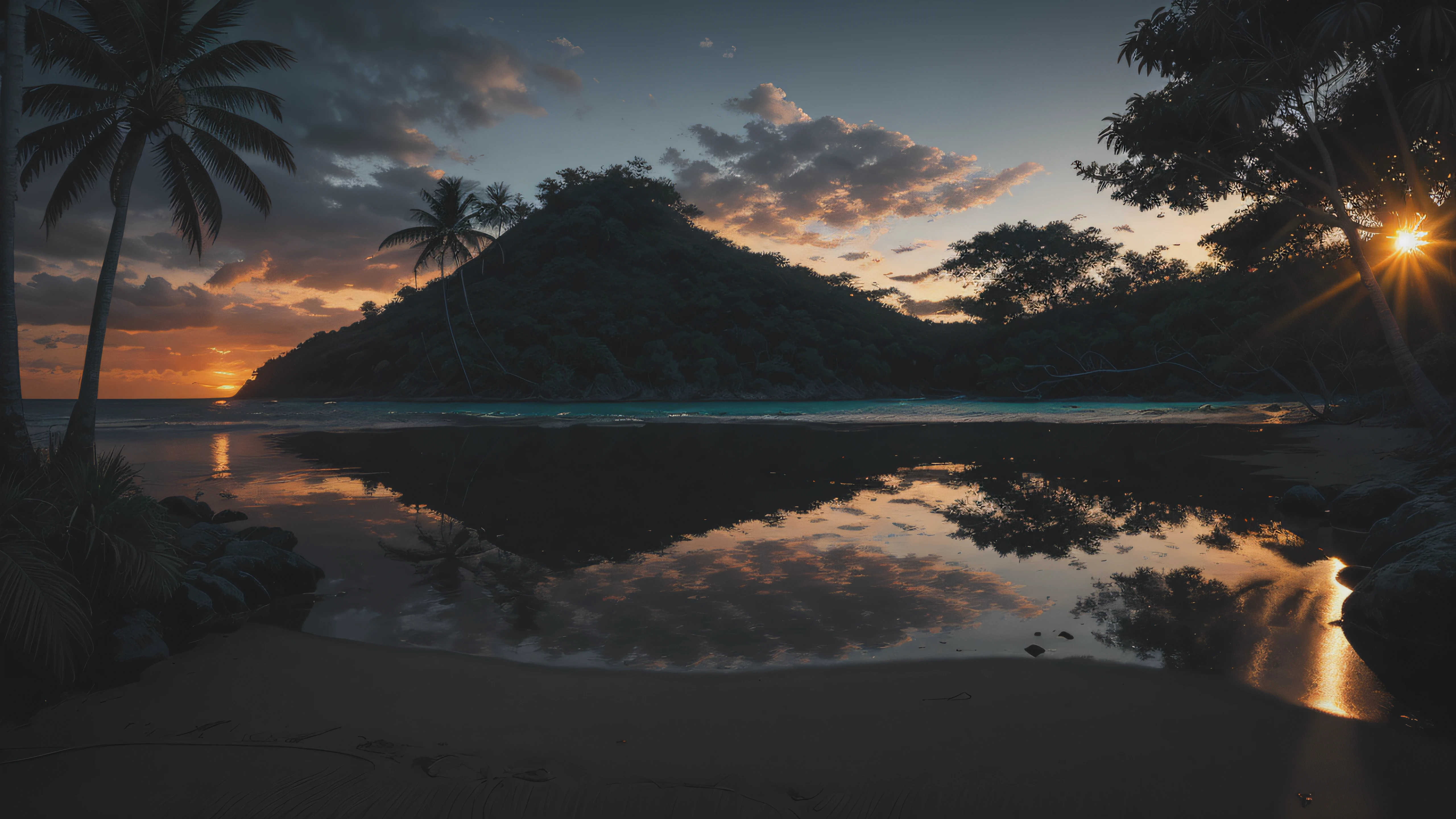 musical tropical vector illustration of sunset on the beach, in the style of Dan Mumford, vintage aesthetics, compositions inspired by nature, dark and gloomy landscapes, tropical landscapes