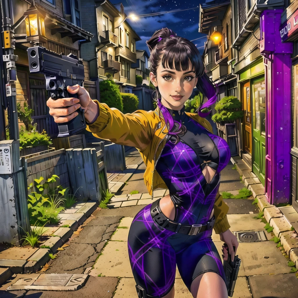 StacyHiggins, ponytail, bangs, aiming a Glock pistol at viewer, (ultra detailed Glock 17 pistol) , (finger on the trigger), big breasts, (cropped mcdofgg plaid jacket over catsuit), catsuit, cartridge belt, 2 holsters on hips, hand on pistol grip, modern city, skyscrapers, dark deserted alleyway, overhead streetlight, stark lighting, twilight, metal glints, smile, perspective, foreshortening, depth of field <lora:mcdofgg_v1:0.9> full color spectrum,
