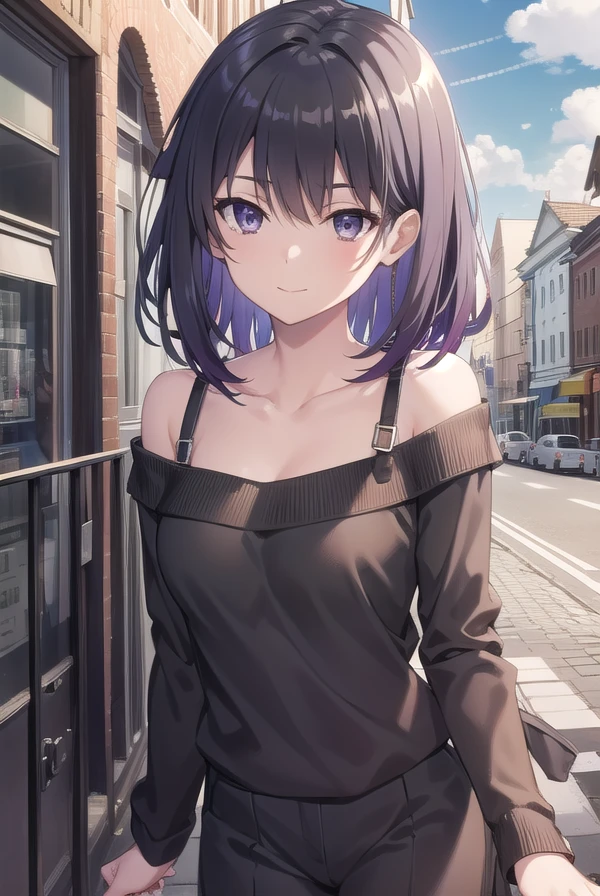 harunoyukinoshita, <lora:haruno yukinoshita-lora-nochekaiser:1>,
haruno yukinoshita, short hair, hair between eyes, (black eyes:1.5), black hair, gradient hair, two-tone hair, purple hair, smile,
BREAK sweater, off shoulder, bra strap, purple sweater, long sleeves, collarbone,
BREAK outdoors, city, sky, sun, people, crowd, buildings, clouds,
BREAK looking at viewer,
BREAK <lyco:GoodHands-beta2:1>, (masterpiece:1.2), best quality, high resolution, unity 8k wallpaper, (illustration:0.8), (beautiful detailed eyes:1.6), extremely detailed face, perfect lighting, extremely detailed CG, (perfect hands, perfect anatomy),
