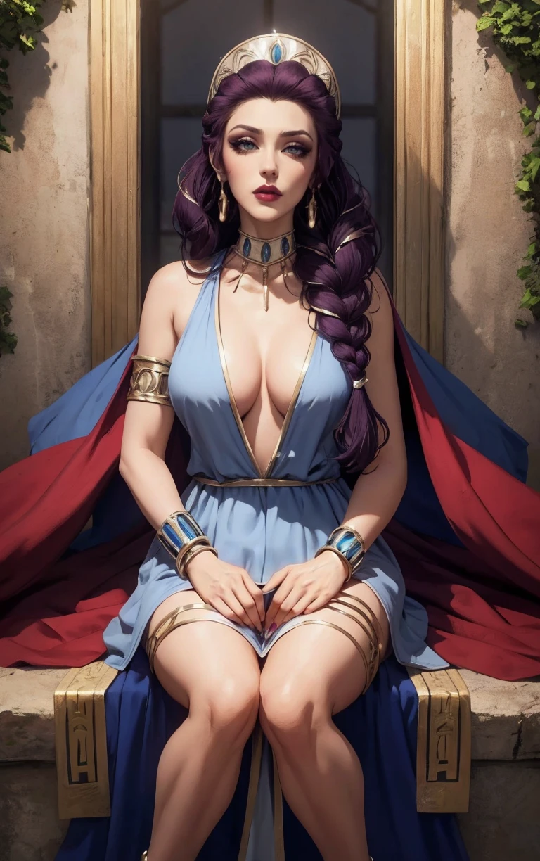 Dress_BloodOfZeus_Hera_ownwaifu,
1girl,single braid, hair over shoulder, breasts,very long hair, anklet, purple hair, blue eyes, lipstick, makeup, medium breasts, red lips, collarbone, bangs, lips, jewelry, earrings, bracelet, armlet, tiara, colored skin, necklace, crown, large breasts, bracer, hair ornament,
dress, cleavage, cape, plunging neckline, greek clothes, colored sclera, bare shoulders, center opening, blue cape, long dress,
<lora:CARTOON_BloodOfZeus_Hera_ownwaifu:0.7>
((masterpiece)),((best quality)),(highres, absurdres), original, official_art, looking at viewer, solo, focused, outdoors, day, cowboy shot,