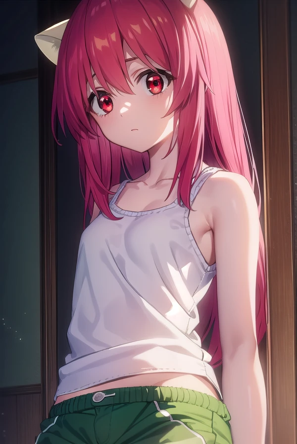 elfenliednyuu, <lora:elfen lied nyuu-lora-nochekaiser:1>,
nyuu, long hair, (red eyes:1.3), pink hair, horns, (small breasts:1.2),
BREAK shorts, tank top, (green shorts:1.5), white tank top,
BREAK indoors,
BREAK looking at viewer, (cowboy shot:1.5),
BREAK <lyco:GoodHands-beta2:1>, (masterpiece:1.2), best quality, high resolution, unity 8k wallpaper, (illustration:0.8), (beautiful detailed eyes:1.6), extremely detailed face, perfect lighting, extremely detailed CG, (perfect hands, perfect anatomy),