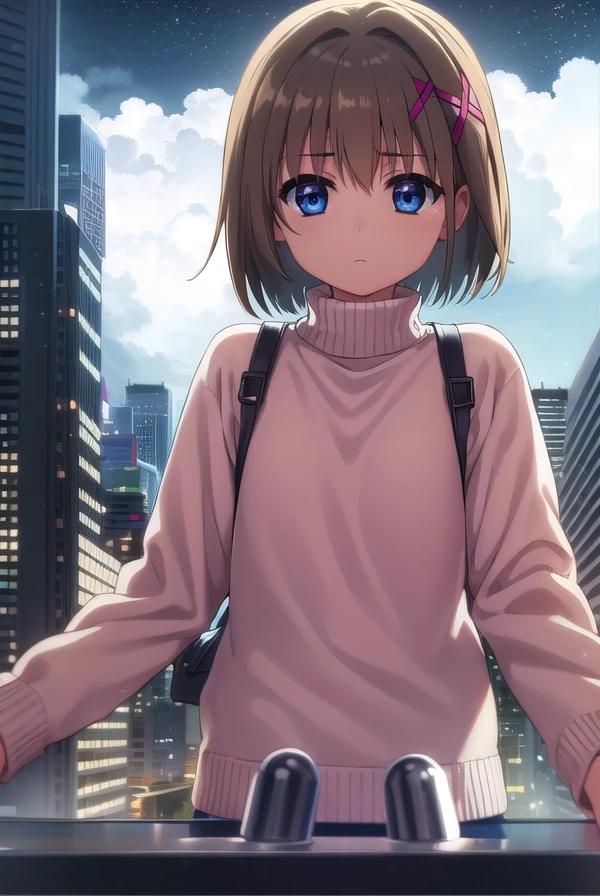 hayateyagami, <lora:hayate yagami movie2-lora-nochekaiser:1>,
hayate yagami, yagami hayate, short hair, blue eyes, brown hair, hair ornament, x hair ornament,
BREAK sweater, pink sweater, turtleneck, long sleeves,
BREAK outdoors, city, night, starry sky,
BREAK looking at viewer, (cowboy shot:1.5),
BREAK <lyco:GoodHands-beta2:1>, (masterpiece:1.2), best quality, high resolution, unity 8k wallpaper, (illustration:0.8), (beautiful detailed eyes:1.6), extremely detailed face, perfect lighting, extremely detailed CG, (perfect hands, perfect anatomy),