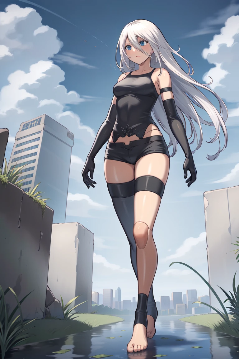 <lora:A2V3:0.7>
yorha type a no. 2
1girl, absurdres, android, armlet, bare shoulders, black gloves, black tank top, blue eyes, elbow gloves, gloves, hair between eyes, joints, long hair, robot, robot joints, science fiction, short shorts, shorts, solo, tank top, white hair, toeless legwear, robot, asymmetrical legwear, (robot joints:0.5), mechanical parts, blue sky, city, cloud, debris, from below, grass, highres, outdoors, overgrown, post-apocalypse, puddle, rubble, ruins, scenery, sky, water