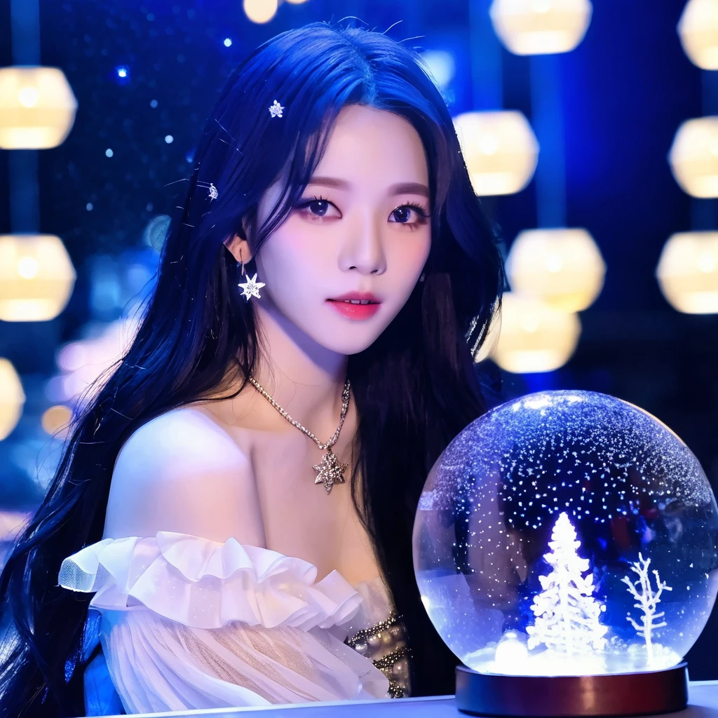 (yujimin:1.2), detailed, realistic, stunning, dramatic, flare, bokeh, 1girl, super long hair, looking at viewer, strapless, snow globe, stars, <lora:yujimin_v10:0.8>, <lora:add-detail-xl:4>