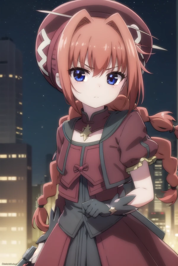 magicalgirlvita, <lora:vita movie2-lora-nochekaiser:1>,
vita, blue eyes, braid, ahoge, red hair, twin braids, rabbit hair ornament,
BREAK gloves, hat, dress, weapon, open clothes, open jacket, magical girl, red dress, cropped jacket, hammer,
BREAK outdoors, city, sky, night, starry sky, star \(sky\), moon,
BREAK looking at viewer, (cowboy shot:1.5),
BREAK <lyco:GoodHands-beta2:1>, (masterpiece:1.2), best quality, high resolution, unity 8k wallpaper, (illustration:0.8), (beautiful detailed eyes:1.6), extremely detailed face, perfect lighting, extremely detailed CG, (perfect hands, perfect anatomy),