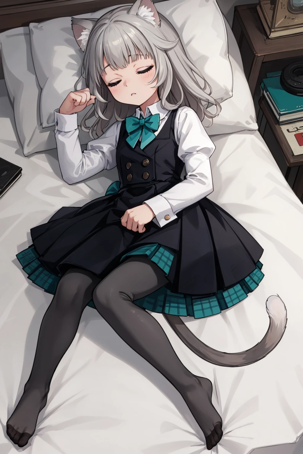 masterpiece, best quality, (solo:1.5), 1girl, lying on bed, full body, from above, head on pillow, bedroom, <lora:Genshin_Little_Lynette_v3-000055:0.75:lbw=MIDD> long hair, long sleeves, black dress, black vest, collared shirt, teal bow, cat ears, parted lips, cat tail, (white hair:1.5), (grey pantyhose:1.5), puffy sleeves, bowtie, teal plaid skirt, pleated skirt, no shoes, (eyes closed, sleeping:1.5)