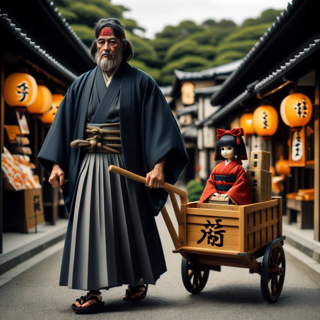 <lora:pushcart_v1:0.7>, 66 years beard old man, standing, full body, outdoors, sky, day, wide sleeves, blunt bangs, kimono, blurry, black eyes, red bow, dated, tree, sash, headband, facial hair, holding sword, obi, sandals, ground vehicle, building, doll, box, hakama skirt, lantern, doll, mustache, geta, road, haori, architecture, paper lantern, shop, blue hakama, samurai, black hakama, barrel, pushcart, wooden cart