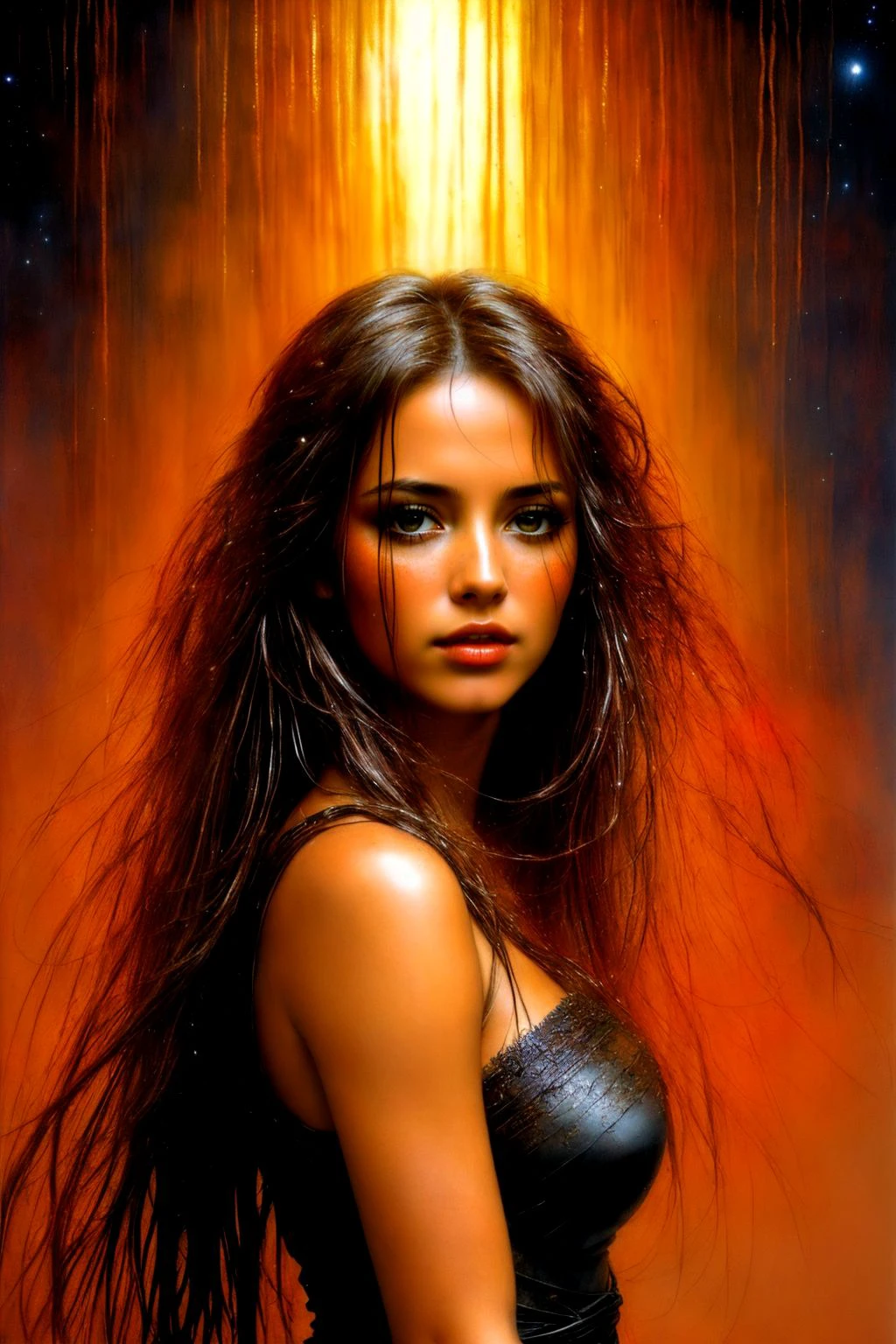 by luis royo, (bright but extremely beautiful:1.4), (masterpiece, best quality:1.4), in the style of nicola samori, red hue, long black hair, galactic, ethereal, epic, OverallDetail