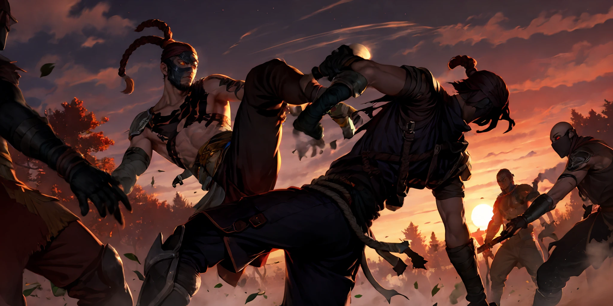 HEZI,LOL,\\\(lol style\\\),game cg,multiple boys,outdoors,sky,tree,armor,rope,male focus,muscular,sunset,pants,tattoo,shoulder armor,gloves,cloud,kicking,sun,glowing,bald,bandages,leaf,abs,leg armor,battle,muscular male,looking at another,black hair,topless male,torn clothes,gauntlets,ninja,mask,bandaged arm,weapon,2boys,red hair,long hair,fingerless gloves,cloudy sky,orange sky,braid,4boys,glowing eyes,pauldrons,ponytail,standing,falling leaves,headband,black gloves,<lora:LOLè¾æ¬§å°¼äº(8bit)2-000008:0.7>,