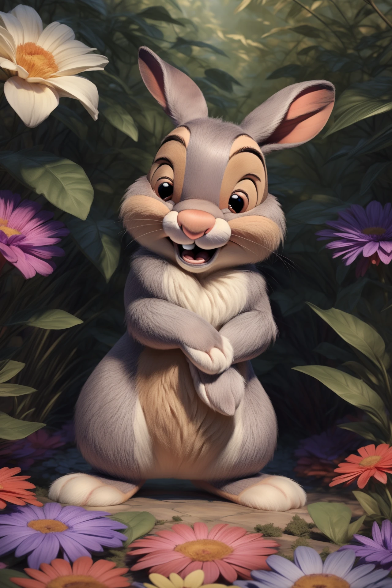 ((bright vibrant colors)), (close-up), portrait, upper body, <lora:thumper_frv1:0.9>, (((thumper (disney)))), ((feral)), (male), solo, fluffy, detailed fur, (((grey fur))), hazel eyes, [1 bucktooth], mammal, bunny, ((small feral bunny body)), ((looking cute)), ((((confused, worried expression)))), (((((ears lowered))))), hi res, photography, ultra realism shading, photorealistic, detailed eyes, ((((looking cute)))), ((((happy expression)))), ((open mouth)), hi res, ultra realism shading, ((standing)), by smitty g, by sfan, by the giant hamster, <lora:add_detail:0.4>, <lora:Furtastic_Detailer:0.3>, (looking at viewer), ((nature, forest, flowers, garden, background)),