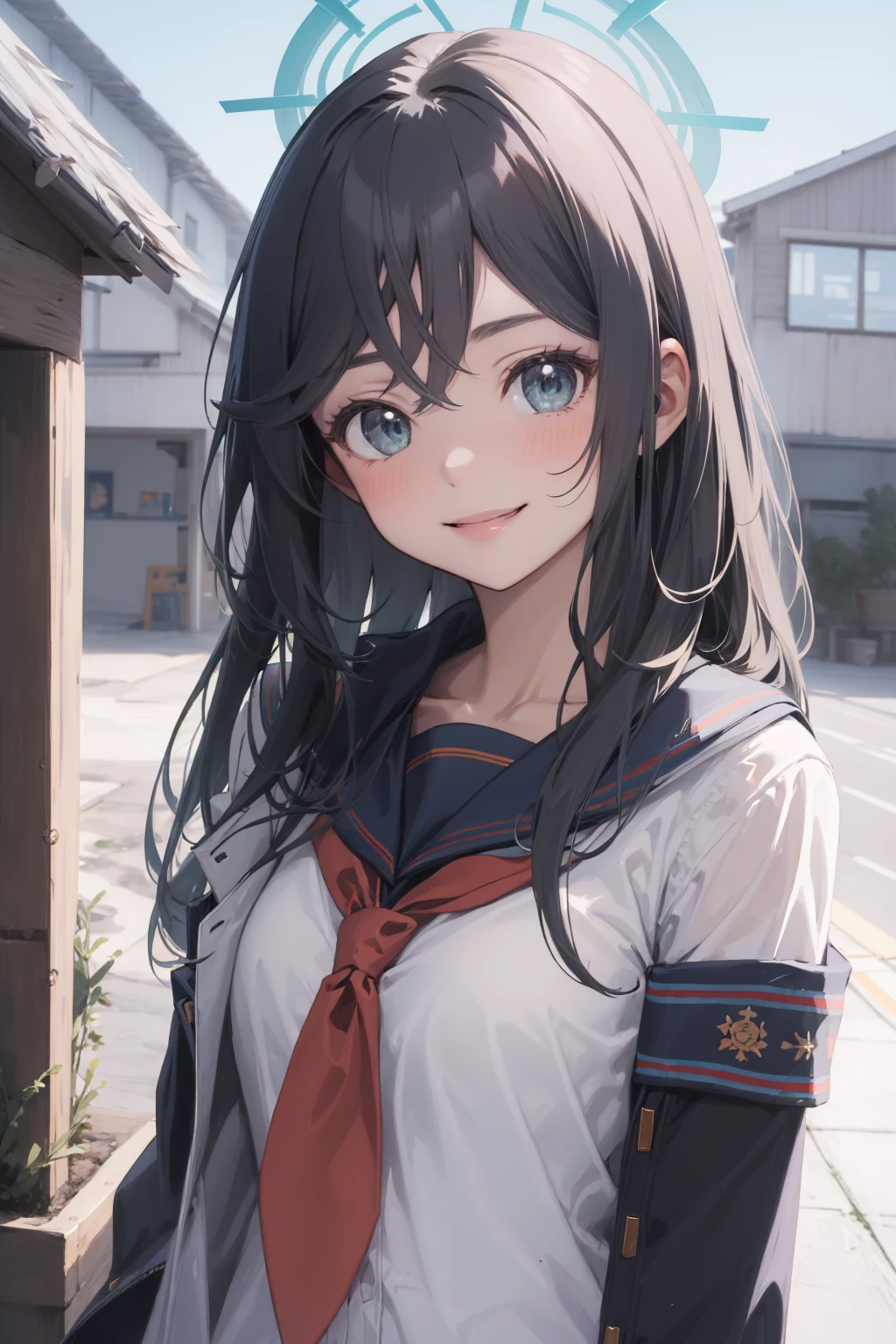 (masterpiece:1.3), (absurdres:1.3), (best quality:1.3), (ultra-detailed:1.3), 1girl, looking at viewer, smile, outdoors, upper body, <lora:minoriid-11:1>, minoriid, halo, serafuku, school uniform, sailor collar,