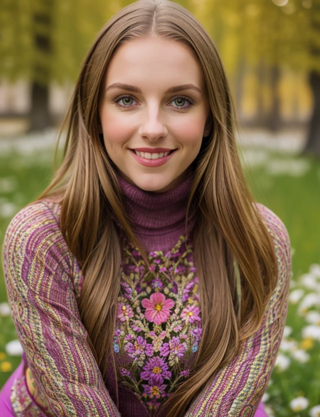 t1n4, nature, (close portrait photo), intricate color, leggings intricate, Turtleneck, (Colorful flowering), (seductive pose), upper body, breast, smile, (Salzburg)