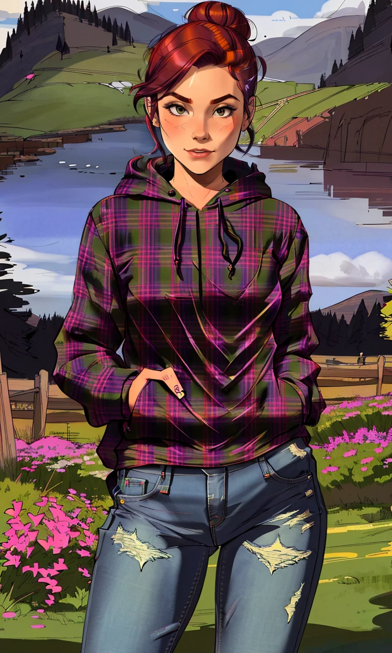 minima2023, centered, black and white illustration, sketch, Scottish highlands in background, line art, simple drawing, beautiful redhead wearing a mcdofgg plaid hoodie and jeans, detailed face, hair in a bun <lora:mcdofgg_v1:0.9>