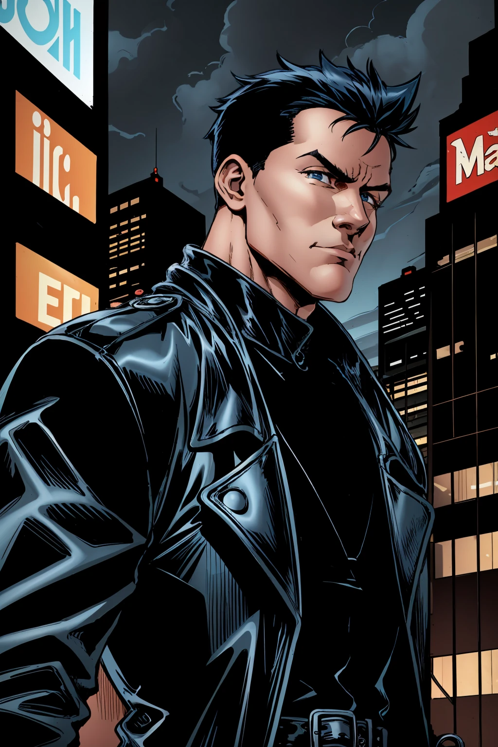1man, black hair, blue eyes, trench coat, square jaw, shirt, belt, view from front, upper body focus, looking at viewer, new york city background, <lora:BillyButcher:0.9>, masterpiece, highest quality