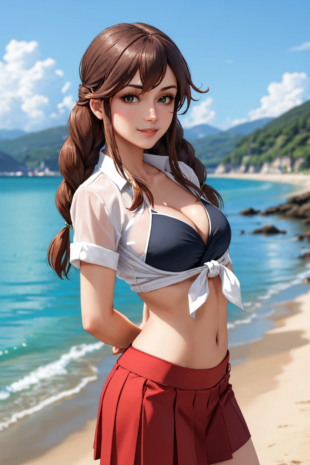 (masterpiece, best quality:1.2), solo, 1girl, noshiro, smile, looking at viewer, arms behind back, twin braids, tied shirt, bikini under clothes, red skirt, midriff, beach <lora:kancolle_noshiro-10:1>