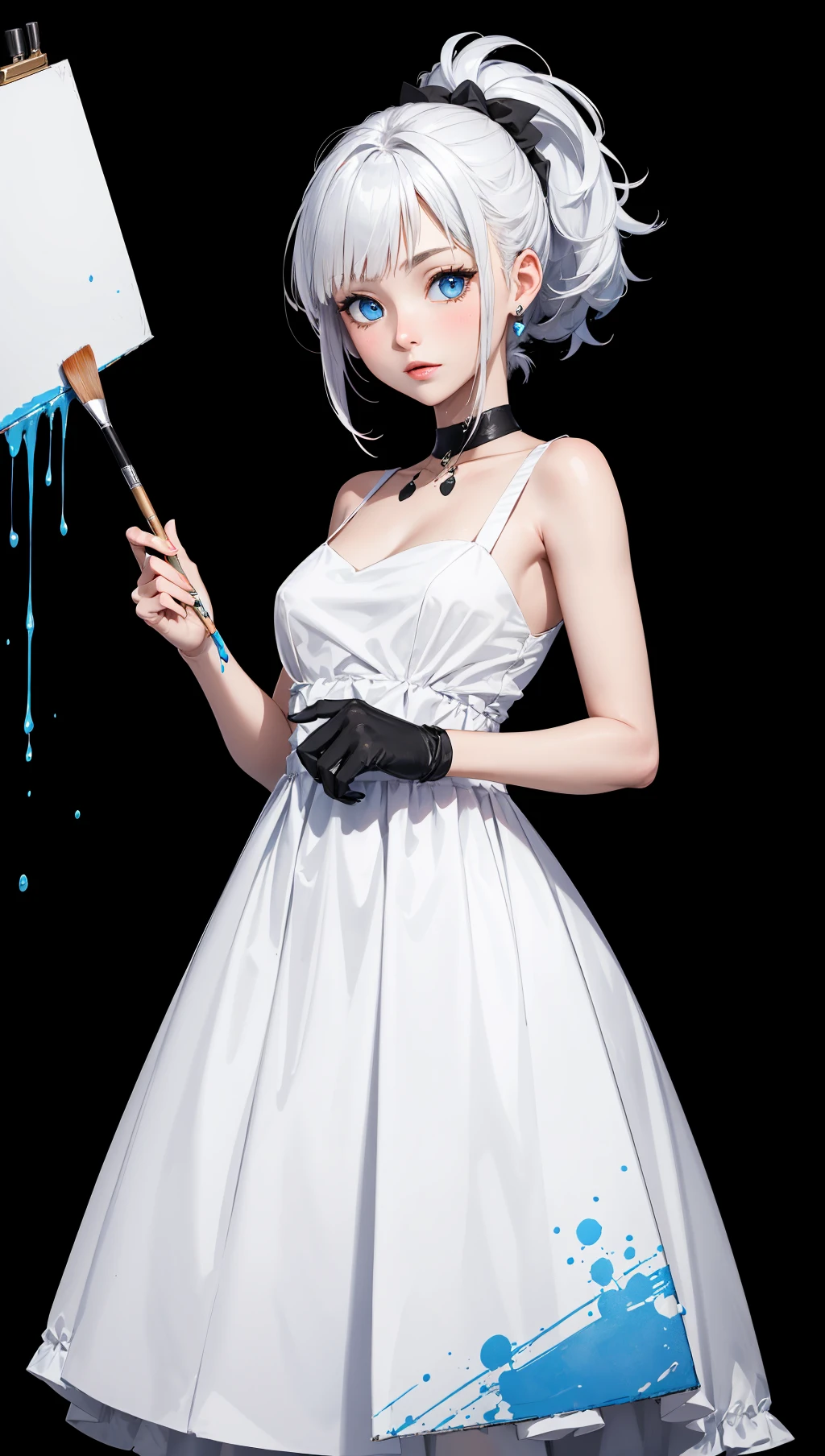a woman with white hair and blue eyes is in a white dress holding a paintbrush with a black background and a splash of paint,