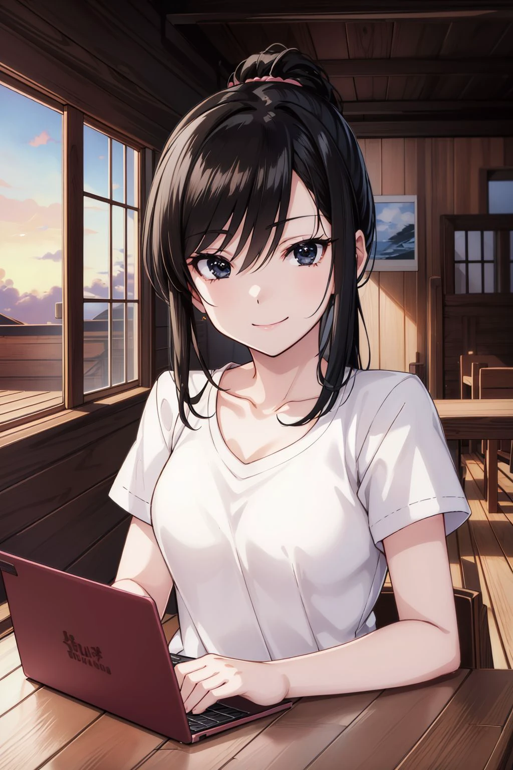 1girl, solo, reiko, black hair, long hair, low ponytail, hair between eyes, black eyes, medium breasts, white shirt, v-neck, short sleeves, pink shorts, sitting on floor, looking at viewer, smile,  (indoors, hut, wooden floor, window, table, netbook:1.45), (masterpiece:1.4), (best quality:1.4), (absurdres:1.0), (intrincate), (full sharp), (extremely detailed:1.5), (exquisite details), (high definition), (anime, anime coloring:1.35),  <lora:Reiko (Super Cub)_001:0.7>