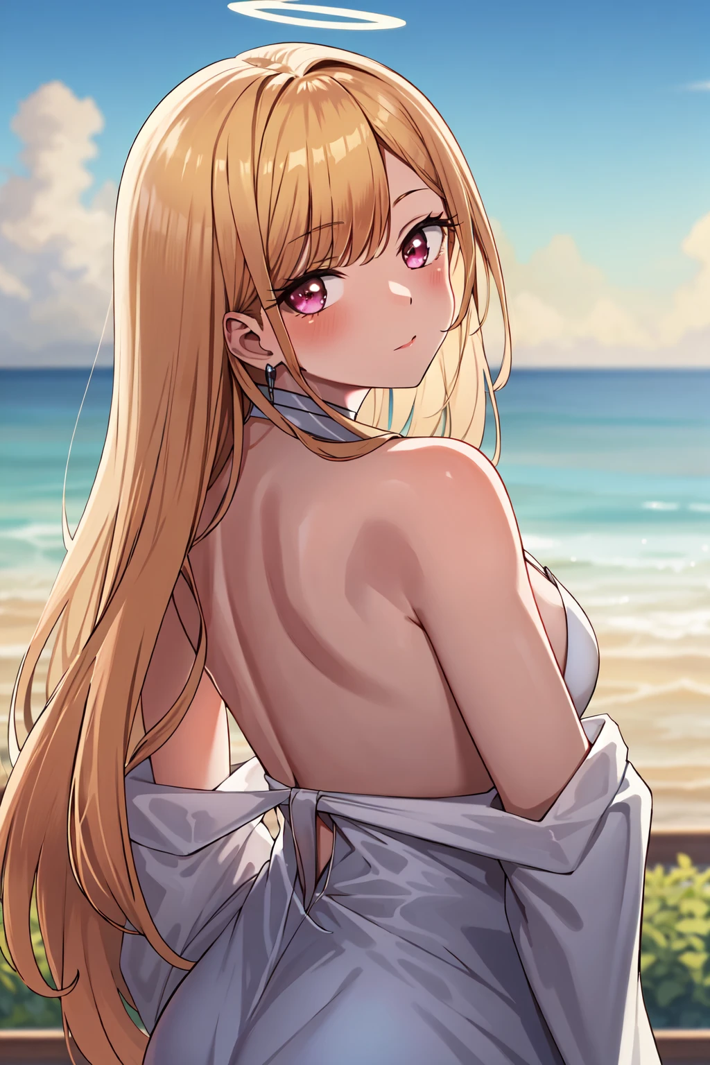 best quality, masterpiece, <lora:MarinKitagawaV2:0.7>marin kitagawa, (angel gown:1.3), looking back, looking at viewer, angel halo, off shoulder, horizon, sky, clouds, day,