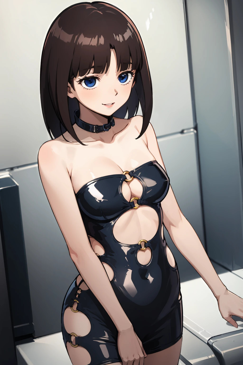 masterpiece,high quality,highres,1girl,solo,<lora:tifa-gundamx-v2-wasabiya:1>,tifax,brown hair,blue eyes,long hair,smile,<lora:bodycon-cutout-v1-wasabiya:1>,bodyconc,cleavage,strapless,blue dress,o-ring,bare shoulders,white background,navel cutout,