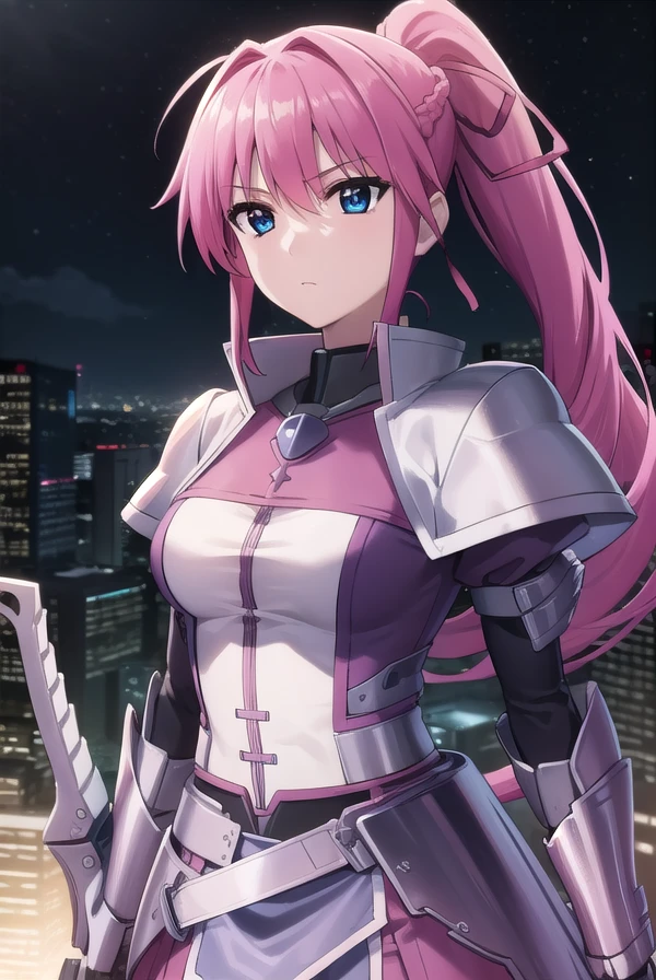 signum, <lora:signum movie2-lora-nochekaiser:1>,
signum, long hair, blue eyes, hair ribbon, ponytail, pink hair,
BREAK gloves, jacket, weapon, open clothes, sword, open jacket, magical girl, gauntlets, cropped jacket, waist cape, puffy sleeves,
BREAK outdoors, city, sky, night, starry sky, star \(sky\), moon,
BREAK looking at viewer, (cowboy shot:1.5),
BREAK <lyco:GoodHands-beta2:1>, (masterpiece:1.2), best quality, high resolution, unity 8k wallpaper, (illustration:0.8), (beautiful detailed eyes:1.6), extremely detailed face, perfect lighting, extremely detailed CG, (perfect hands, perfect anatomy),